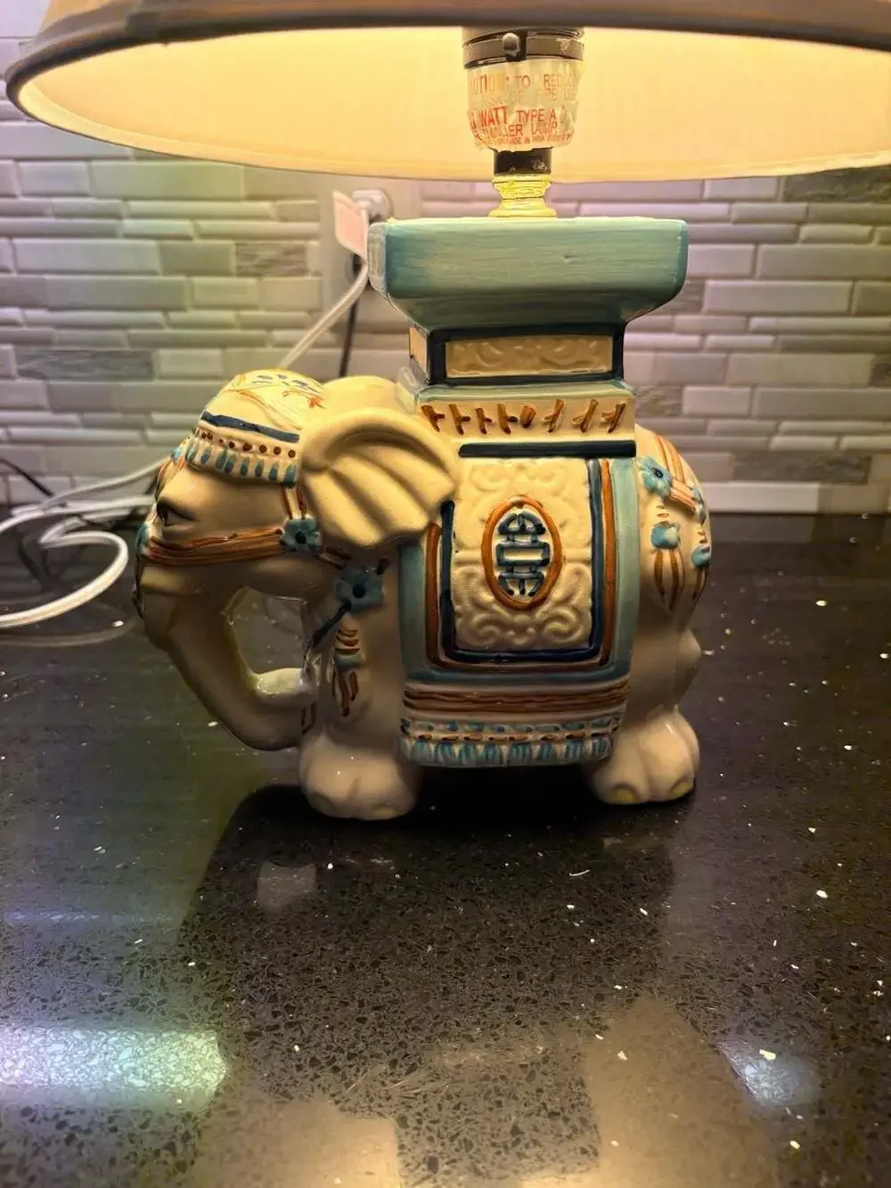 Vintage Ceramic Elephant Table Lamp Blue White Gold Accents With Shade